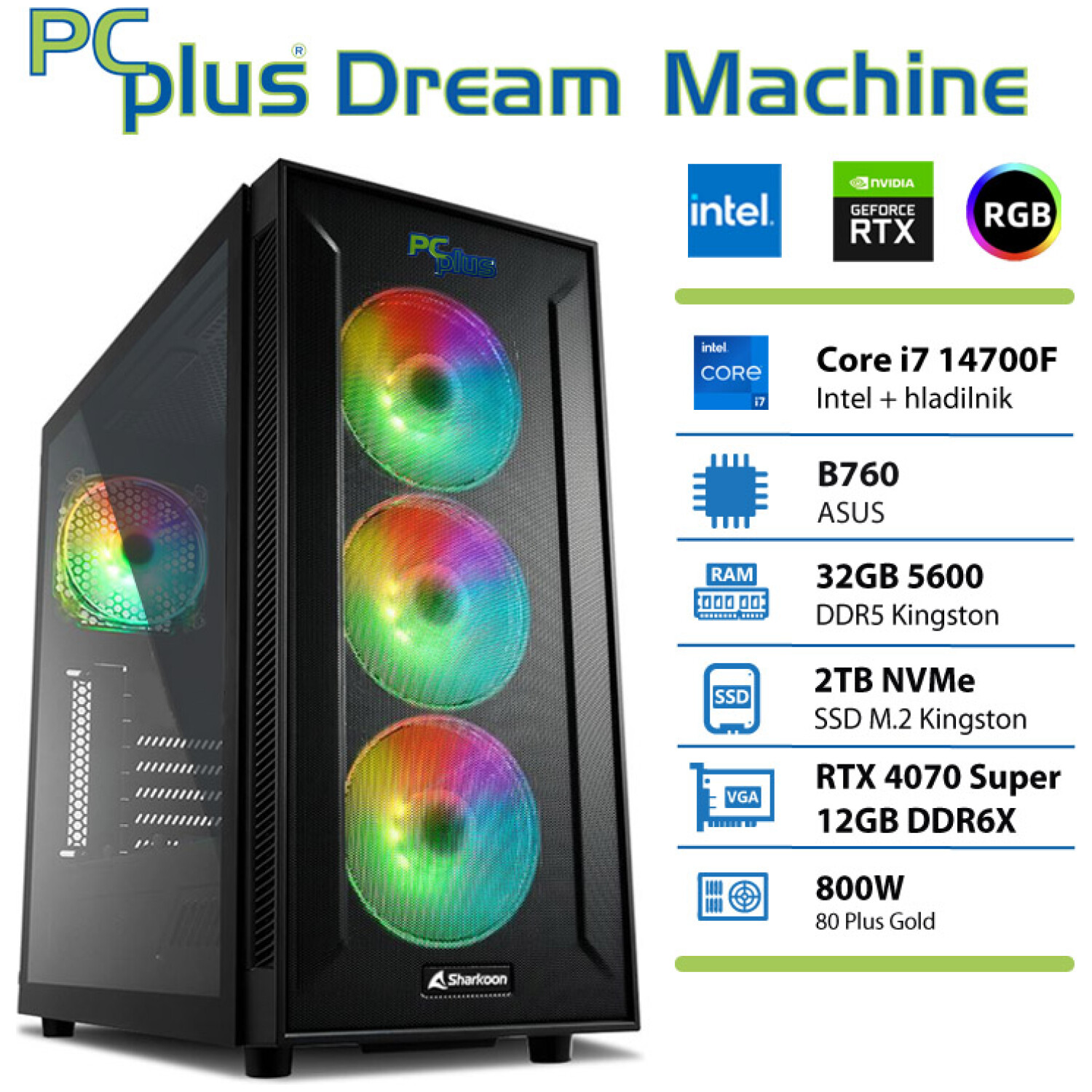 PCPLUS Dream Machine Core i7-14700F 32GB 2TB NVMe SSD RTX 4070 Super 12GB gaming namizni računalnik