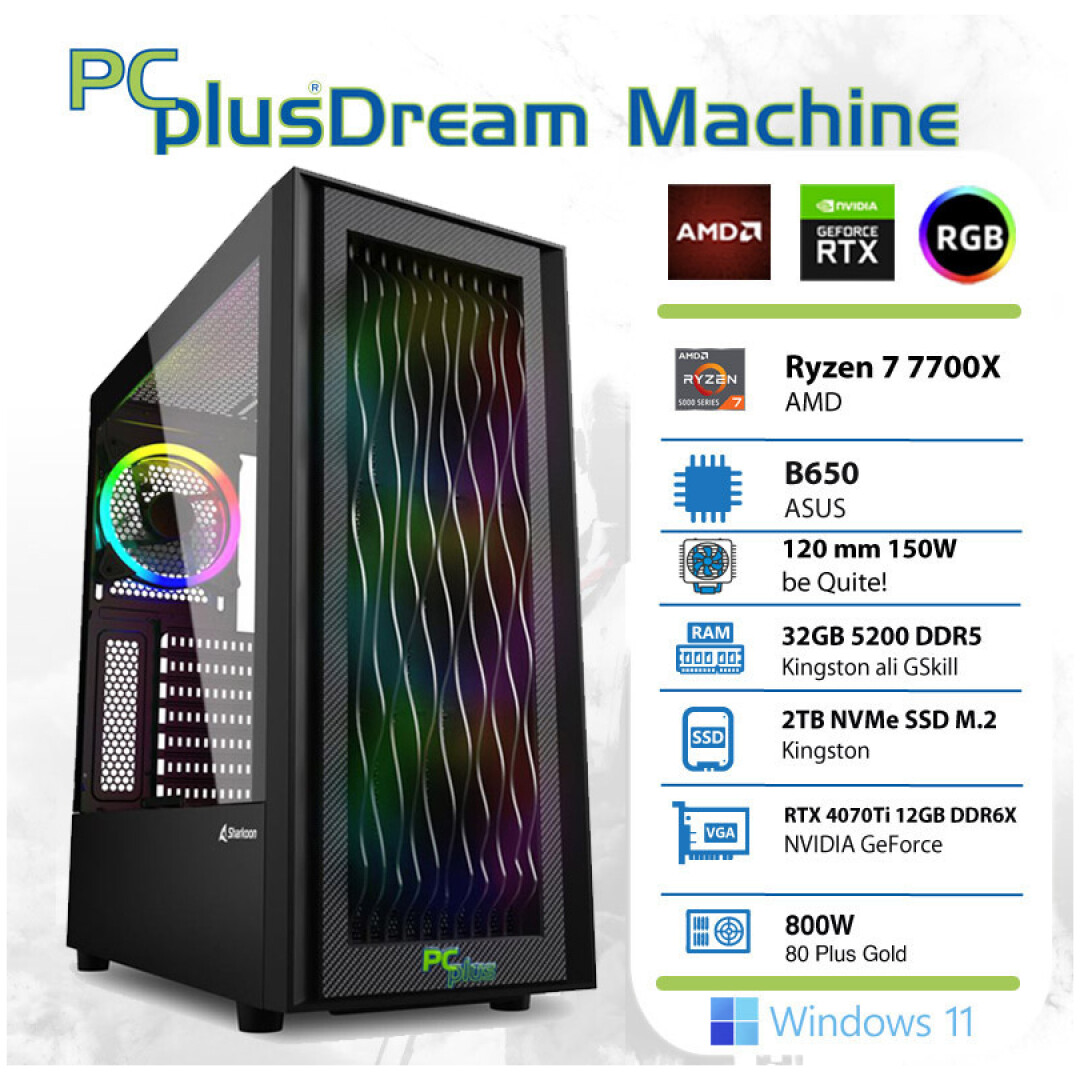 PCPLUS Dream Machine Ryzen 7 7700X 32GB 2TB NVMe SSD GeForce RTX 4070Ti 12GB Windows 11 Home gaming namizni računalnik