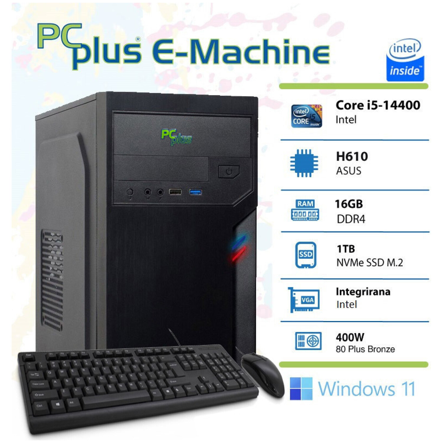 PCPLUS E-machine i5-14400 16GB 1TB NVMe SSD Windows 11 Home tipkovnica miška namizni računalnik