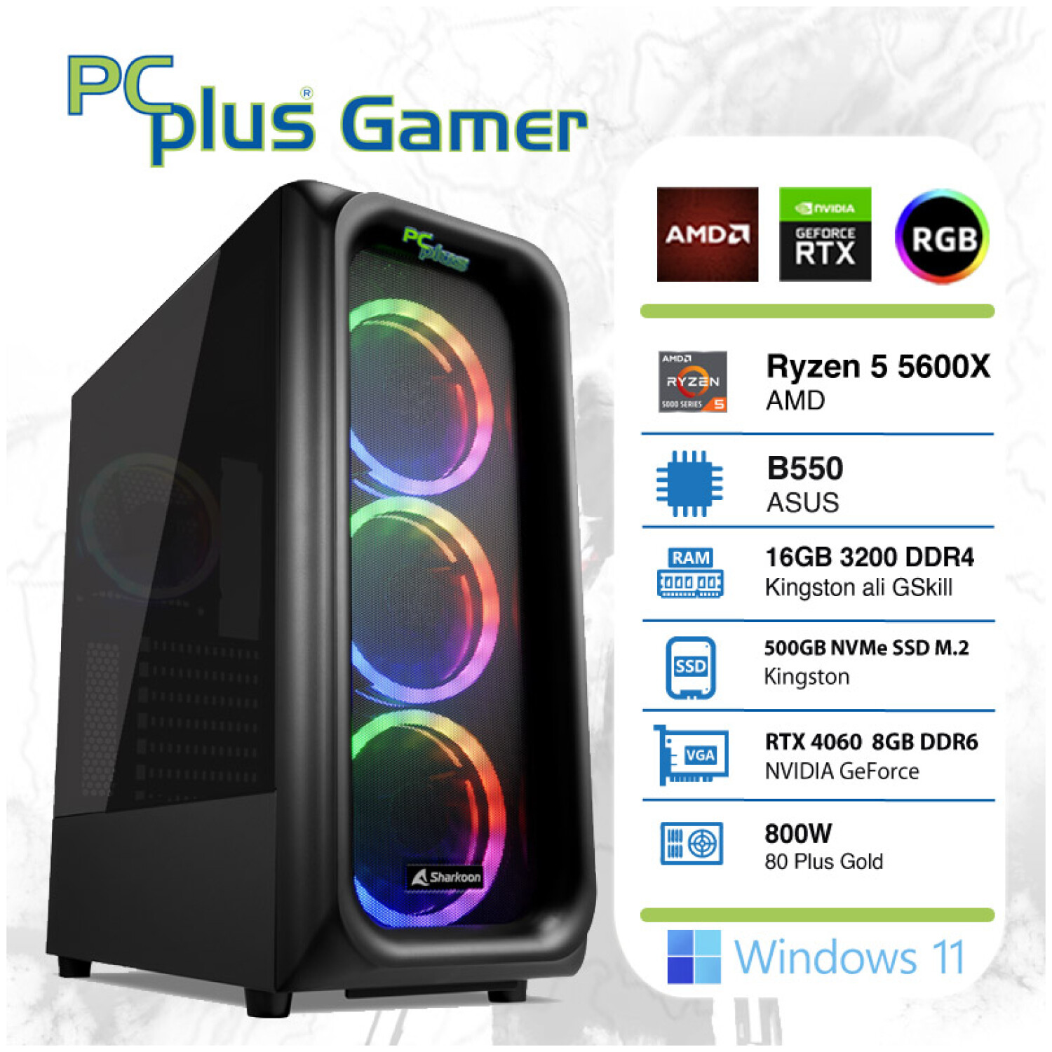 PCPLUS Gamer R5-5600X 16GB 500GB NVMe SSD RTX 4060 8GB DDR6 Windows 11 Home RGB gaming namizni računalnik