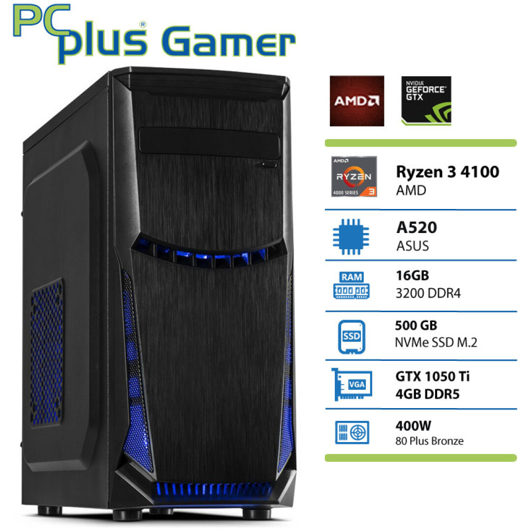 PCPLUS Gamer Ryzen 3 4100 16GB 500GB NVMe SSD GTX 1050 Ti namizni budget gaming računalnik