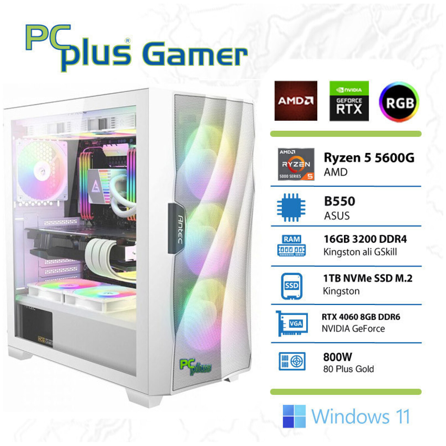 PCPLUS Gamer Ryzen 5 5600G 16GB 1TB NVMe SSD GeForce RTX 4060 8GB RGB Windows 11 Home gaming namizni računalnik