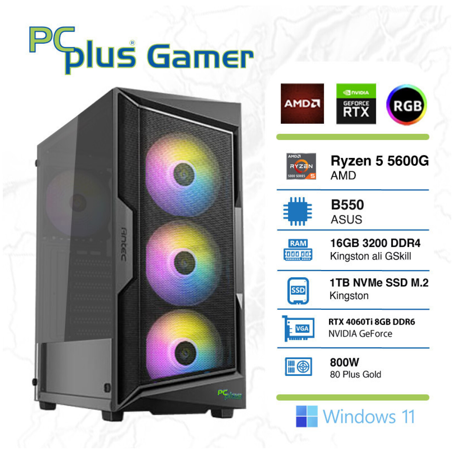 PCPLUS Gamer Ryzen 5 5600G 16GB 1TB NVMe SSD GeForce RTX 4060 Ti 8GB RGB Windows 11 Home gaming namizni računalnik