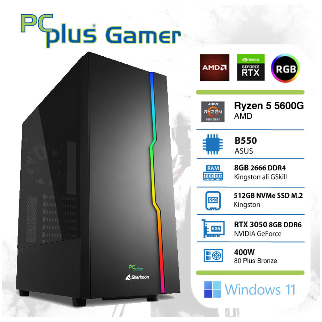 PCPLUS Gamer Ryzen 5 5600G 8GB 512GB NVMe SSD GeForce RTX 3050 8GB Windows 11 Home RGB gaming namizni računalnik