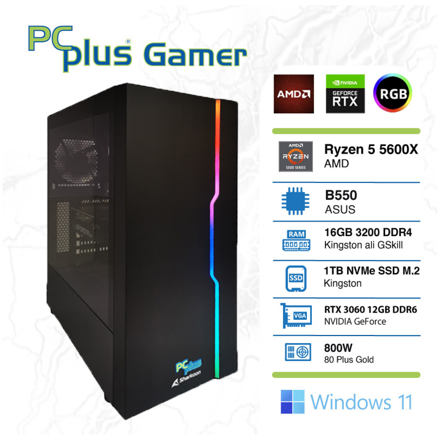 PCPLUS Gamer Ryzen 5 5600X 16GB 1TB M.2 NVMe SSD GeForce RTX3050 8GB Windows 11 Home gaming namizni računalnik