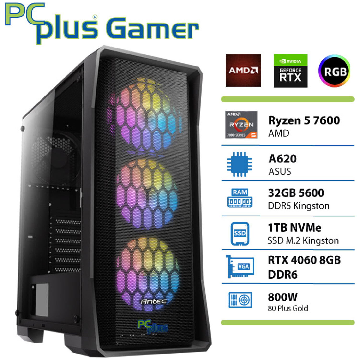 PCPLUS Gamer Ryzen 5 7600 32GB 1TB NVMe SSD RTX 4060 8GB gaming namizni računalnik