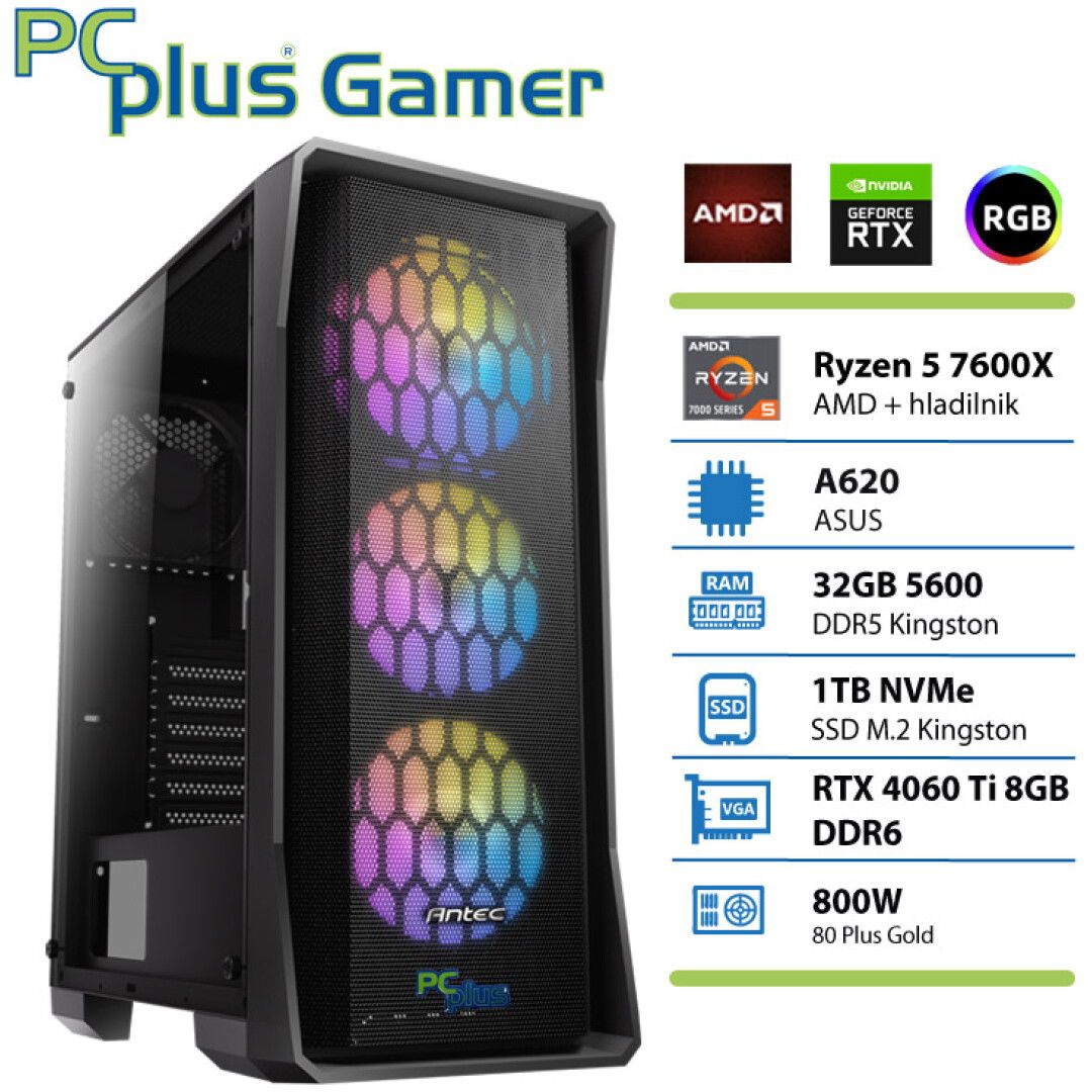 PCPLUS Gamer Ryzen 5 7600X 32GB 1TB NVMe SSD RTX 4060Ti 8GB gaming namizni računalnik