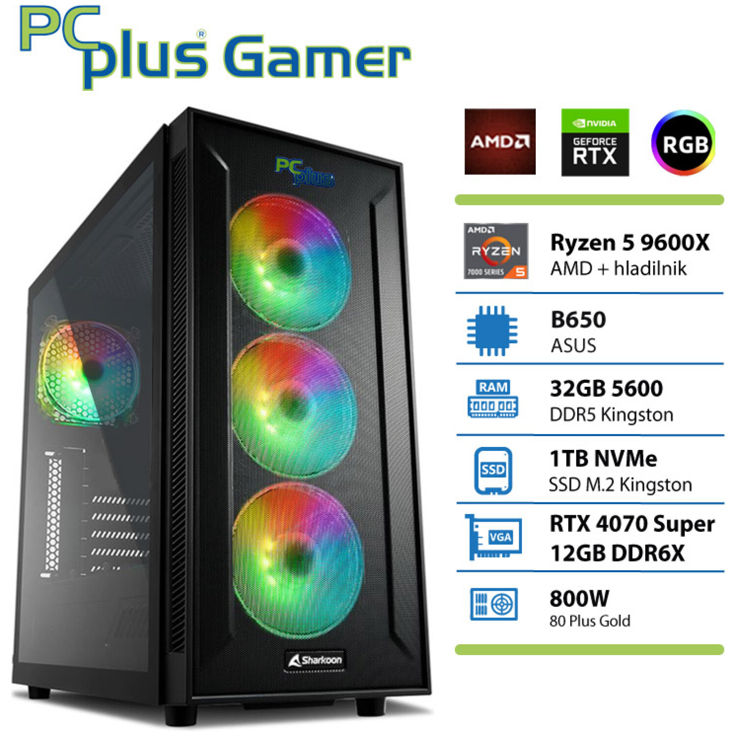 PCPLUS Gamer Ryzen 5 9600X 32GB 2TB NVMe SSD RTX 4070 Super 12GB gaming namizni računalnik