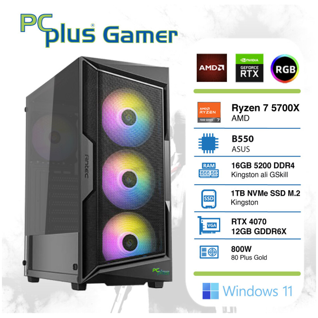 PCPLUS Gamer Ryzen 7 5700X 16GB 1TB NVMe SSD GeForce RTX 4070 12GB RGB gaming namizni računalnik