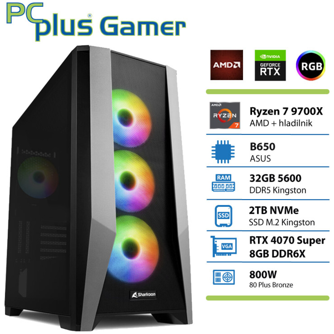 PCPLUS Gamer Ryzen 7 9700X 32GB 2TB NVMe SSD RTX 4070 Super 12GB gaming namizni računalnik