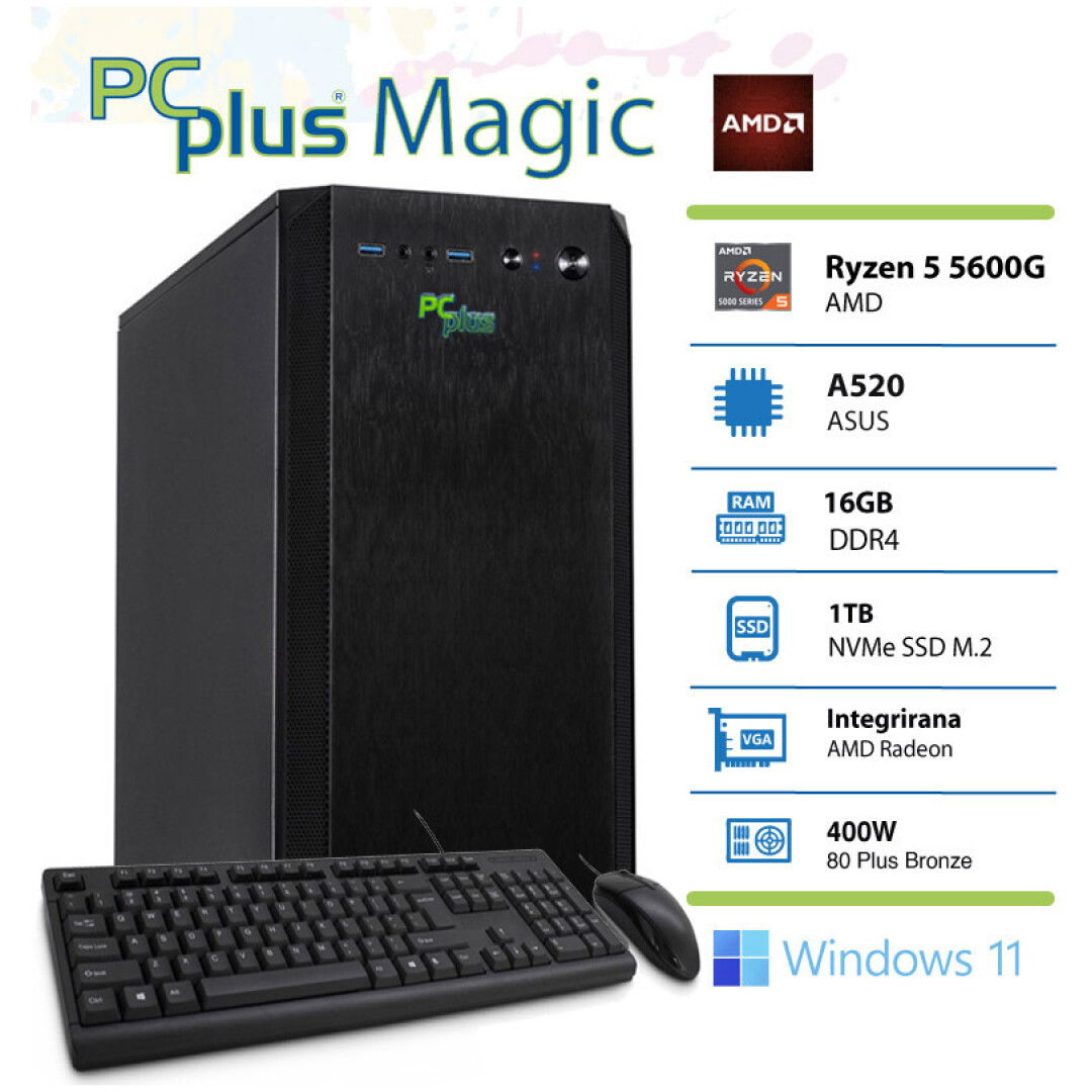 PCPLUS Magic AMD Ryzen 5 5600G 16GB 1TB NVMe SSD Windows 11 Home tipkovnica miška namizni računalnik