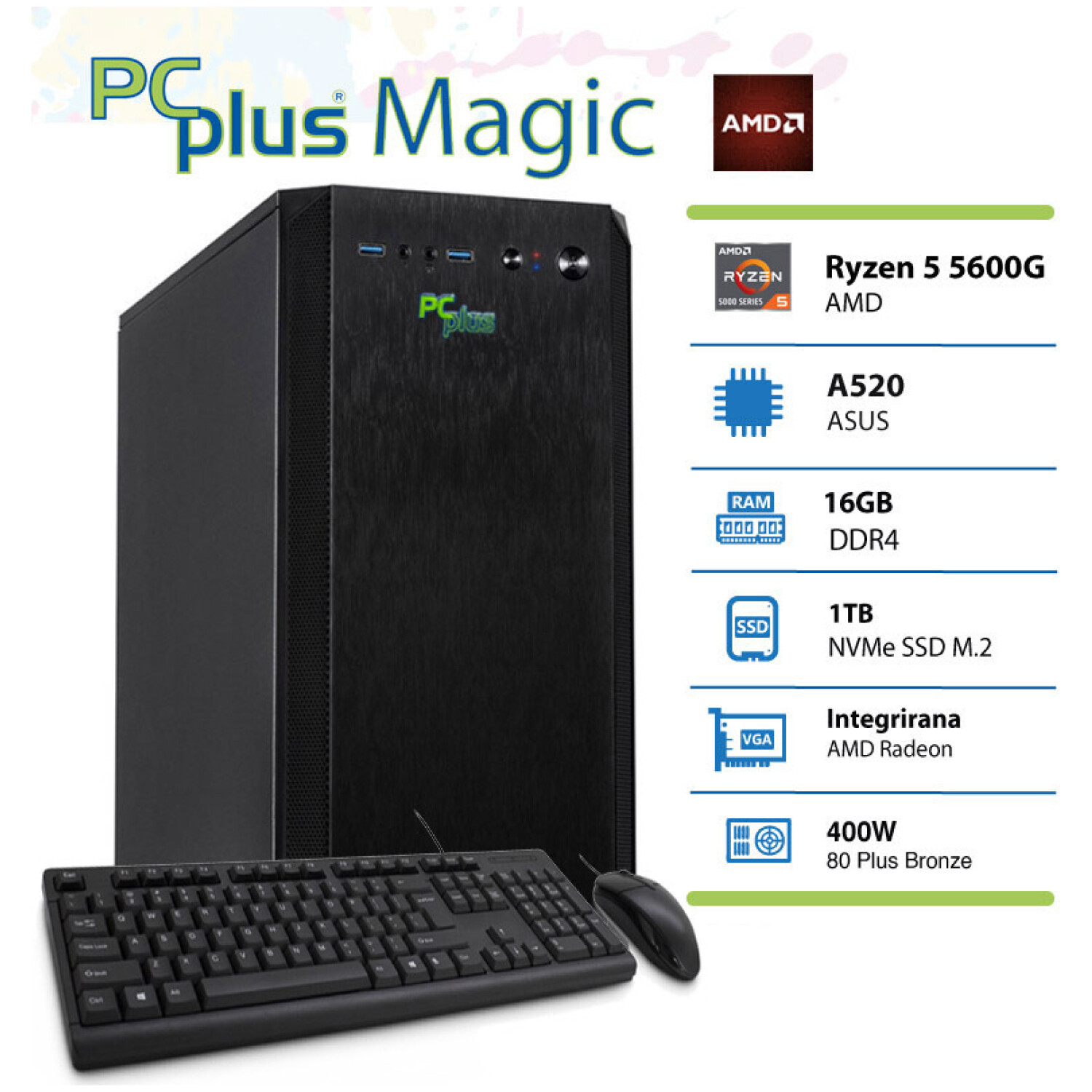 PCPLUS Magic AMD Ryzen 5 5600G 16GB 1TB NVMe SSD tipkovnica miška namizni računalnik