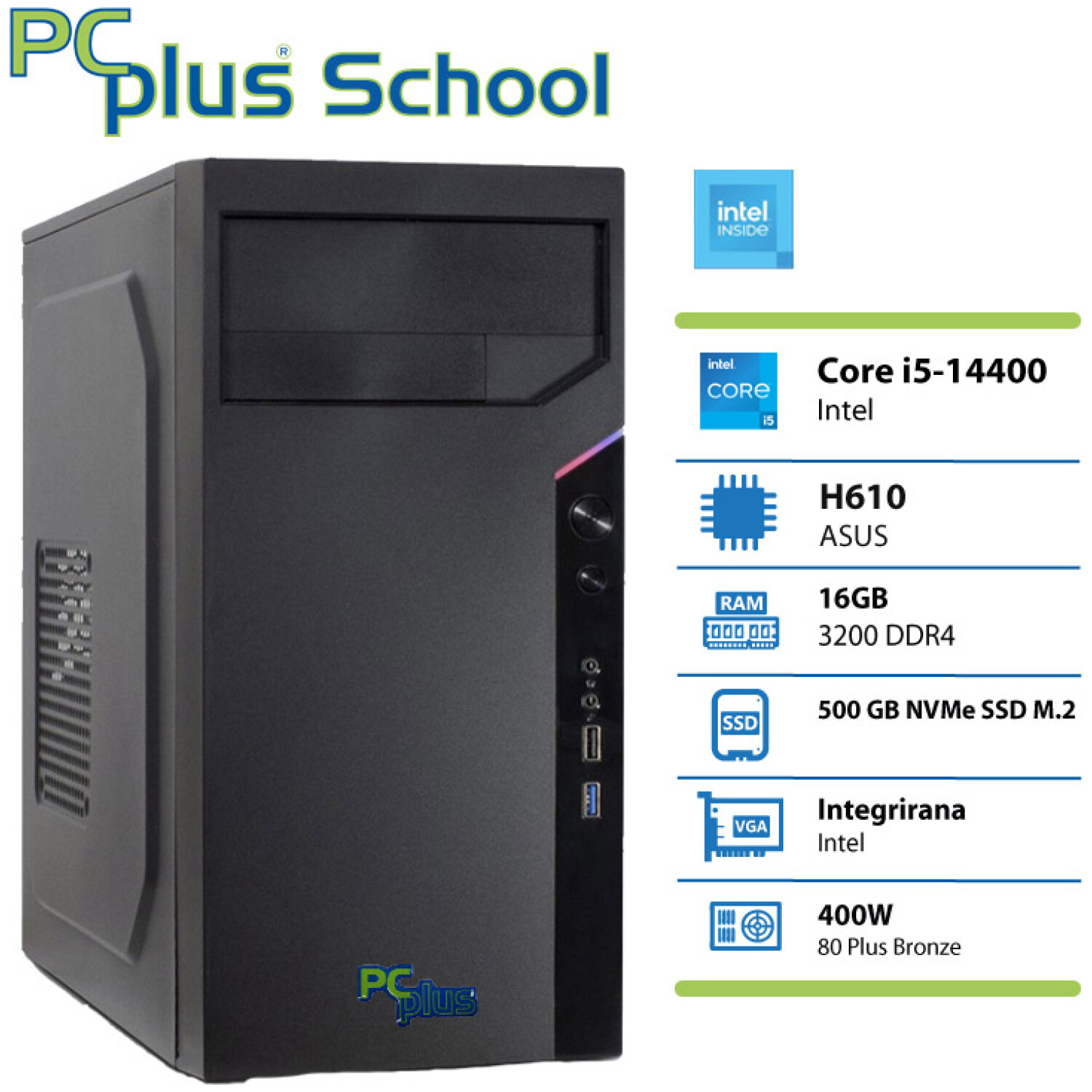 PCPLUS School i5-14400 16GB 500GB NVMe SSD Windows 11 PRO EDU namizni računalnik