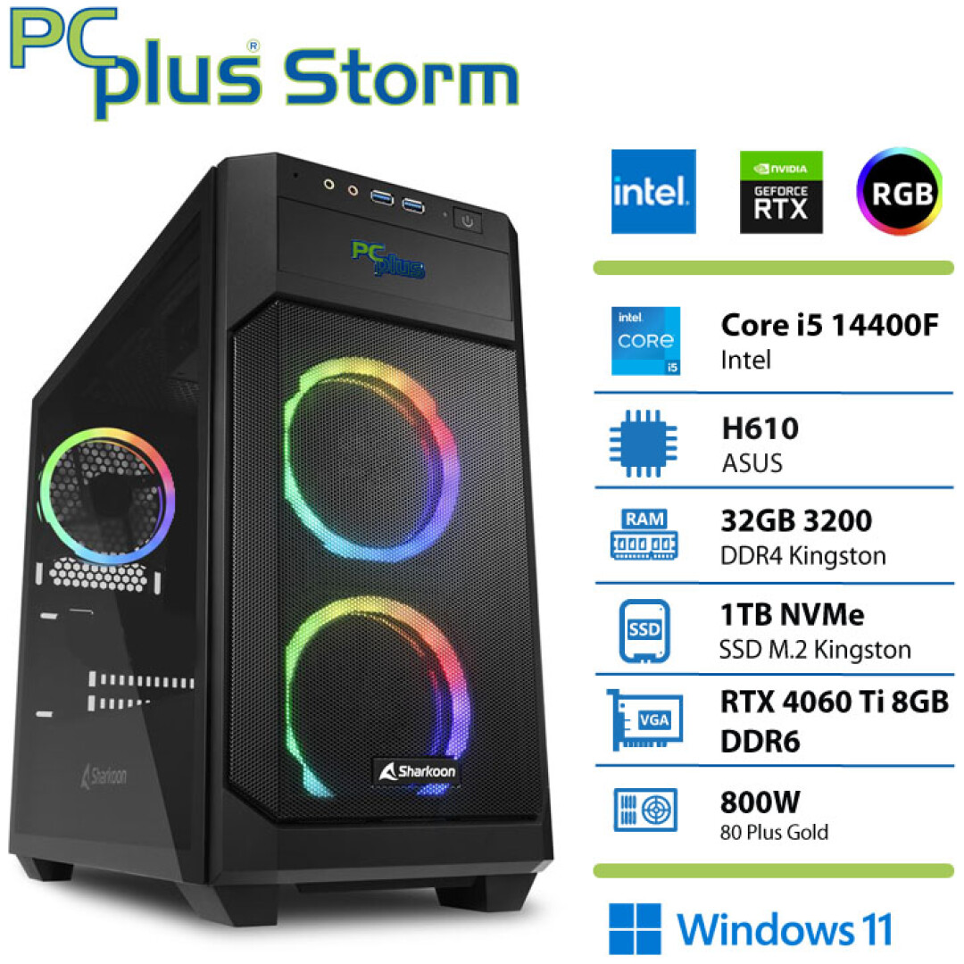 PCPLUS Storm Core i5-14440F 32GB 1TB NVMe SSD RTX 4060Ti 8GB Windows 11 Home gaming namizni računalnik