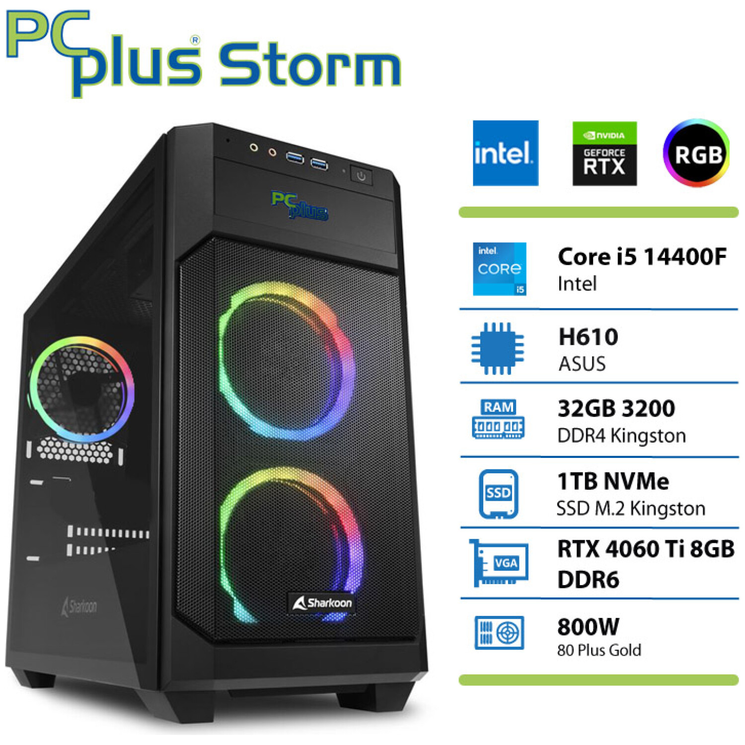 PCPLUS Storm Core i5-14440F 32GB 1TB NVMe SSD RTX 4060Ti 8GB gaming namizni računalnik