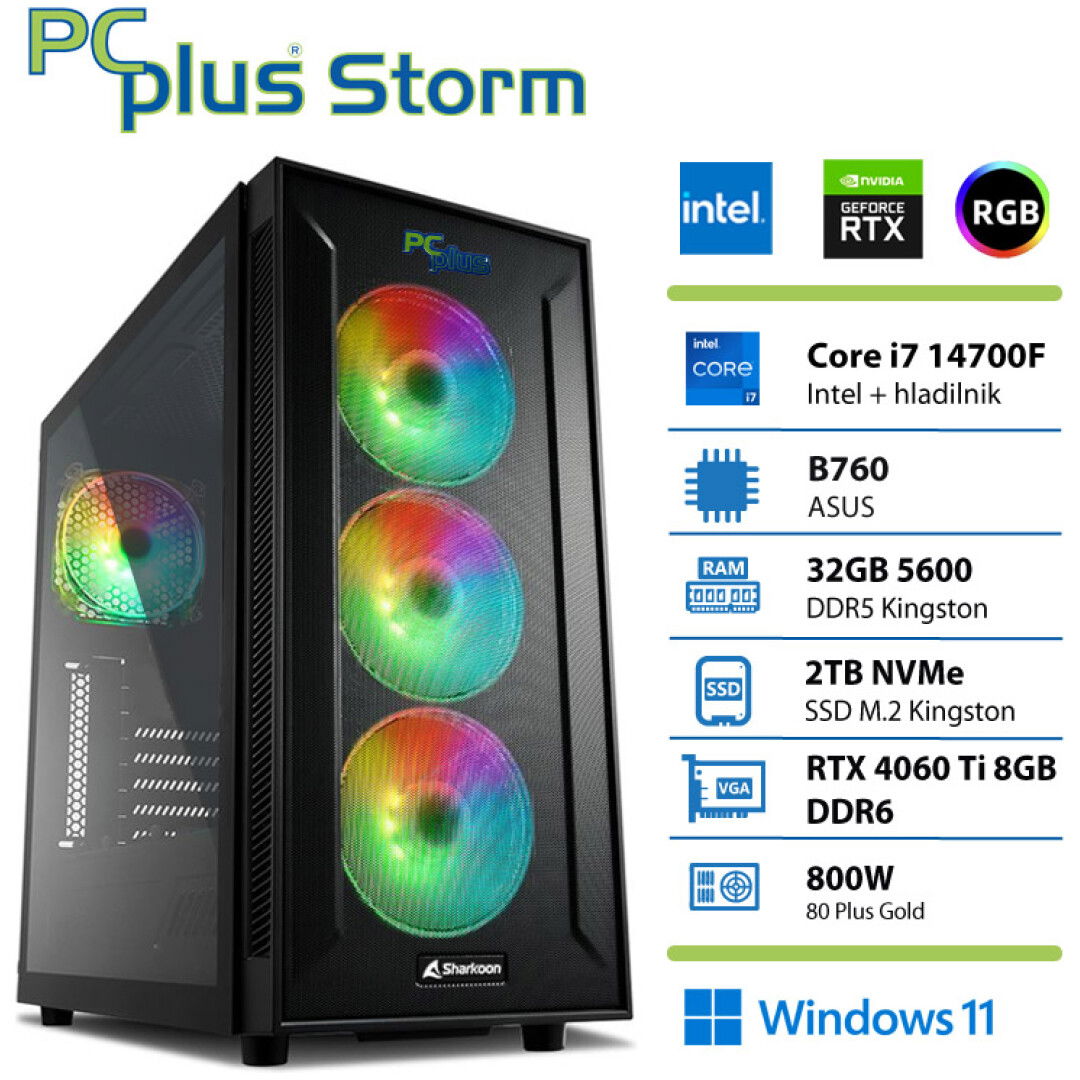 PCPLUS Storm Core i7-14700F 32GB 2TB NVMe SSD RTX 4060Ti 8GB Windows 11 Home gaming namizni računalnik