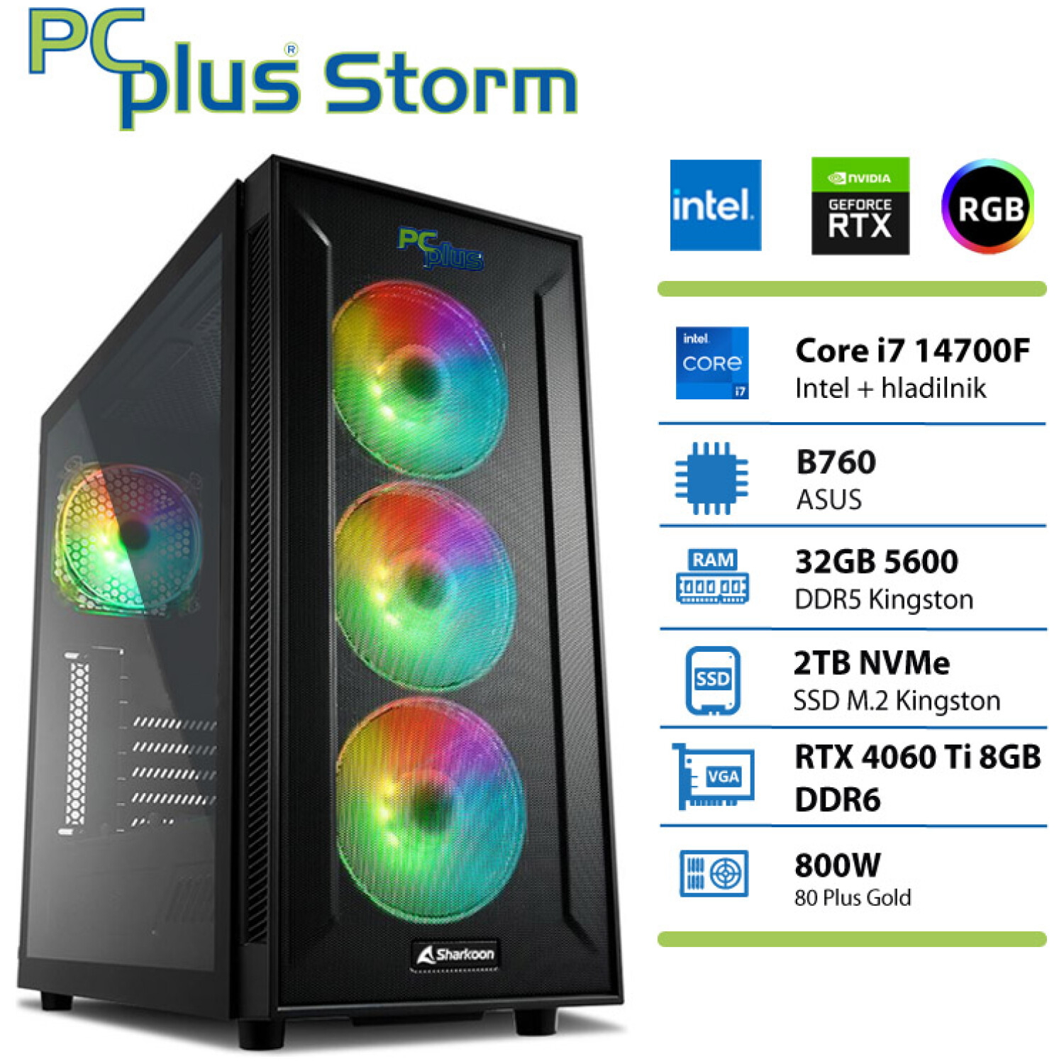 PCPLUS Storm Core i7-14700F 32GB 2TB NVMe SSD RTX 4060Ti 8GB gaming namizni računalnik