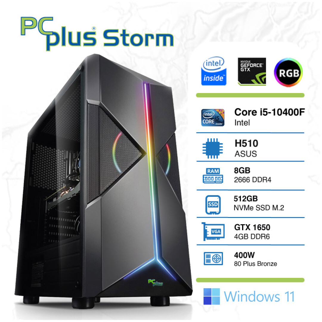 PCPLUS Storm i5-10400F 8GB 512GB NVMe SSD GeForce GTX 1650 4GB GDDR6 Windows 11 Home RGB gaming namizni računalnik