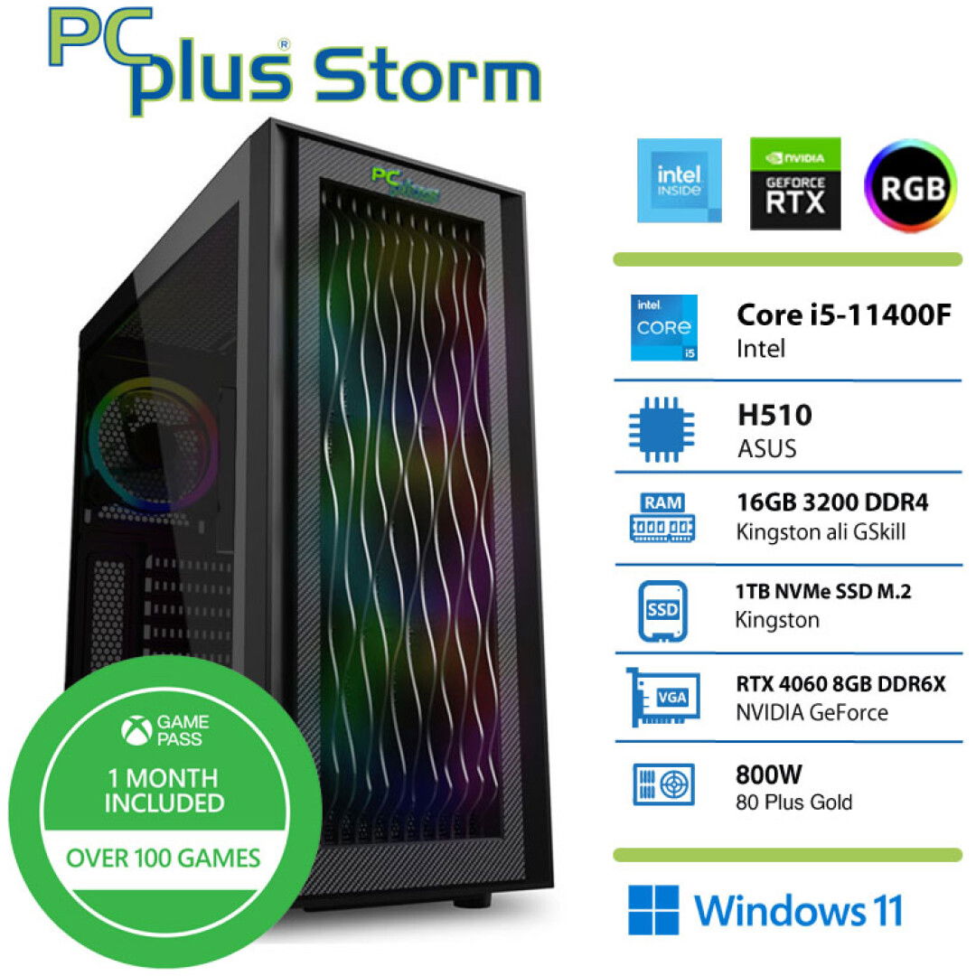 PCPLUS Storm i5-11400 16GB 1TB NVMe SSD GeForce RTX 4060 DDR6 8GB RGB Windows 11 gaming namizni računalnik + Xbox game pass