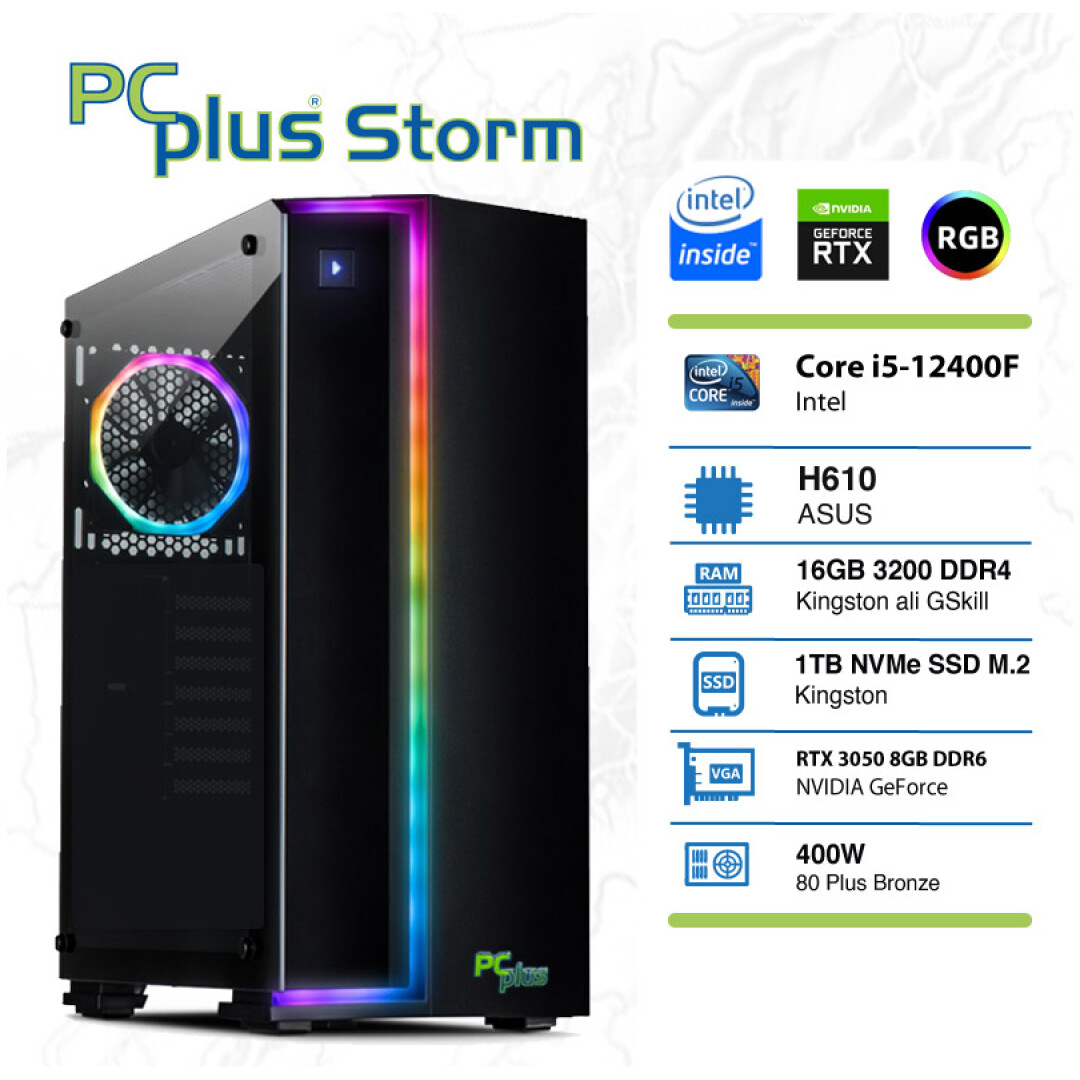 PCPLUS Storm i5-12400F 16GB 1TB NVMe SSD GeForce RTX 3050 8GB RGB gaming namizni računalnik