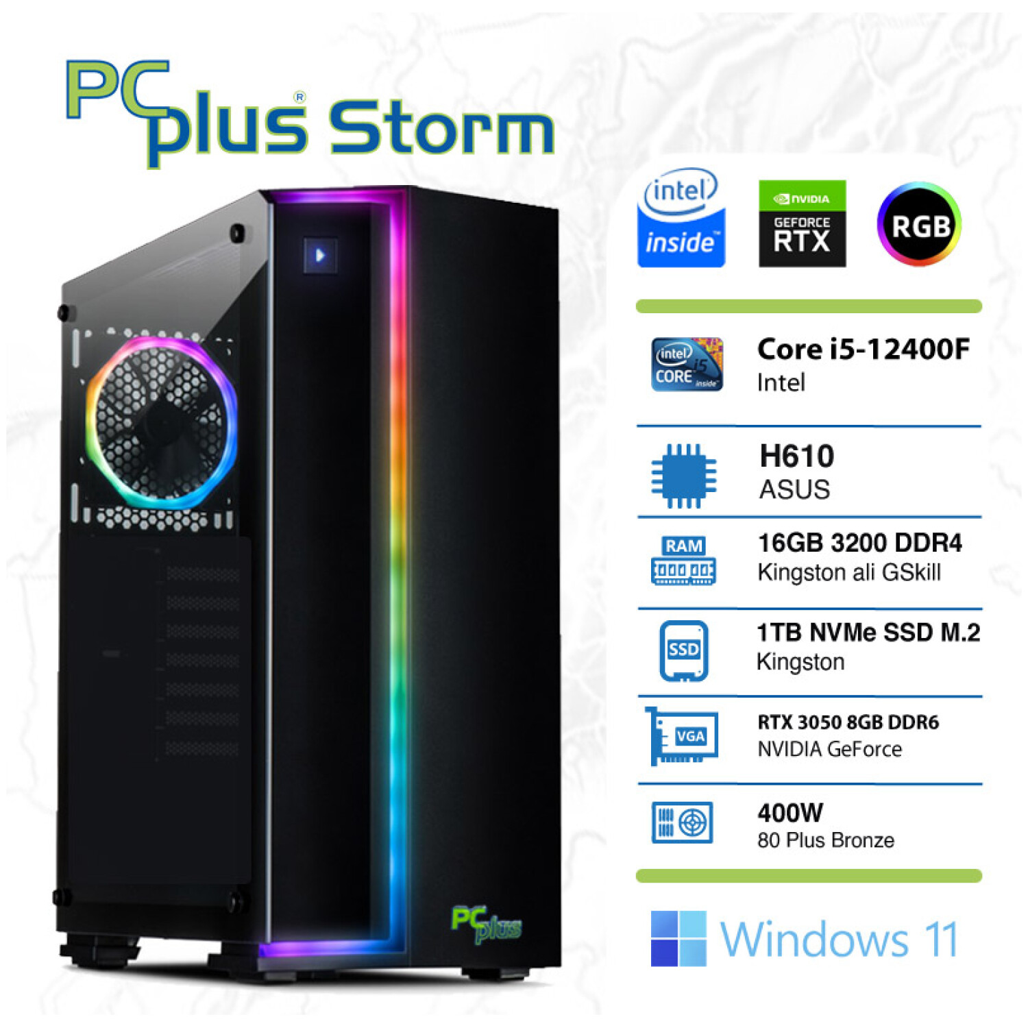 PCPLUS Storm i5-12400F 16GB 1TB NVMe SSD GeForce RTX 3050 8GB Windows 11 Home RGB gaming namizni računalnik