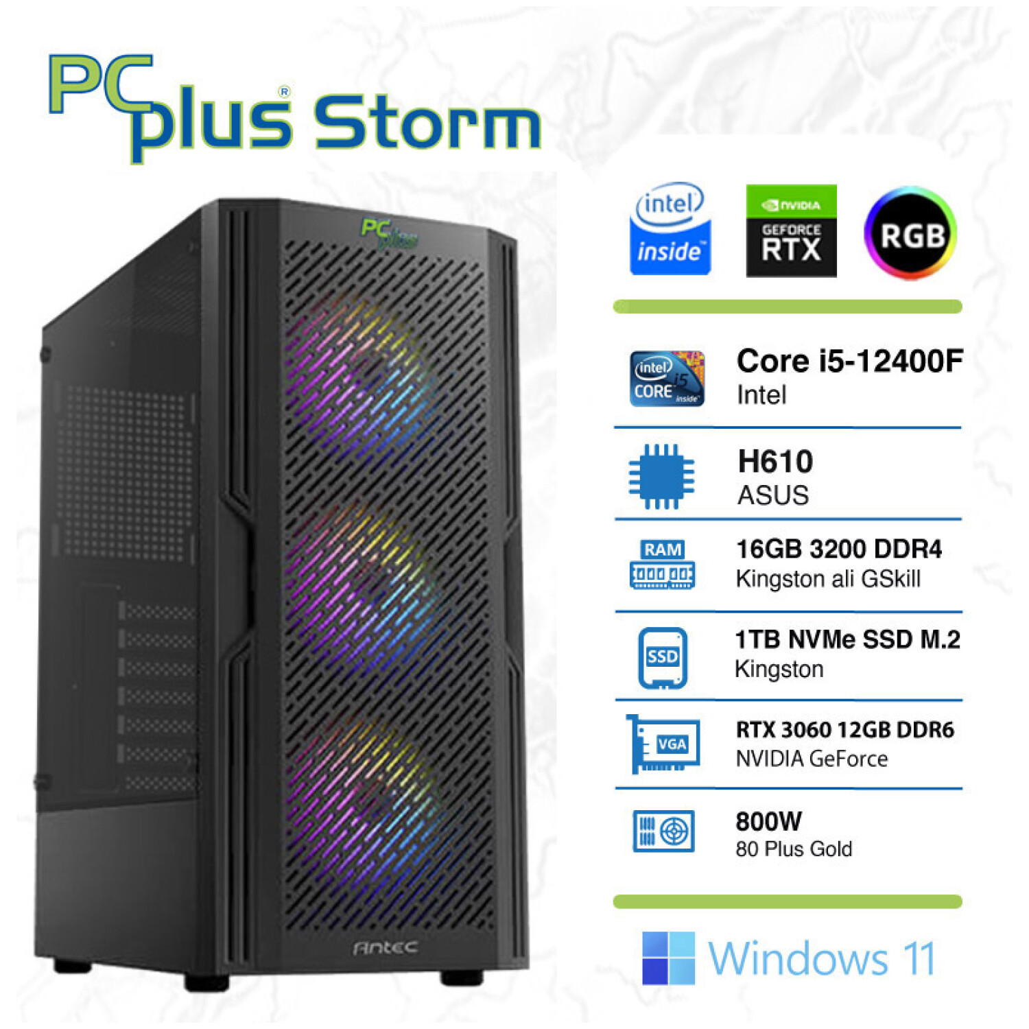 PCPLUS Storm i5-12400F 16GB 1TB NVMe SSD GeForce RTX 3060 12GB RGB Windows 11 Home gaming namizni računalnik