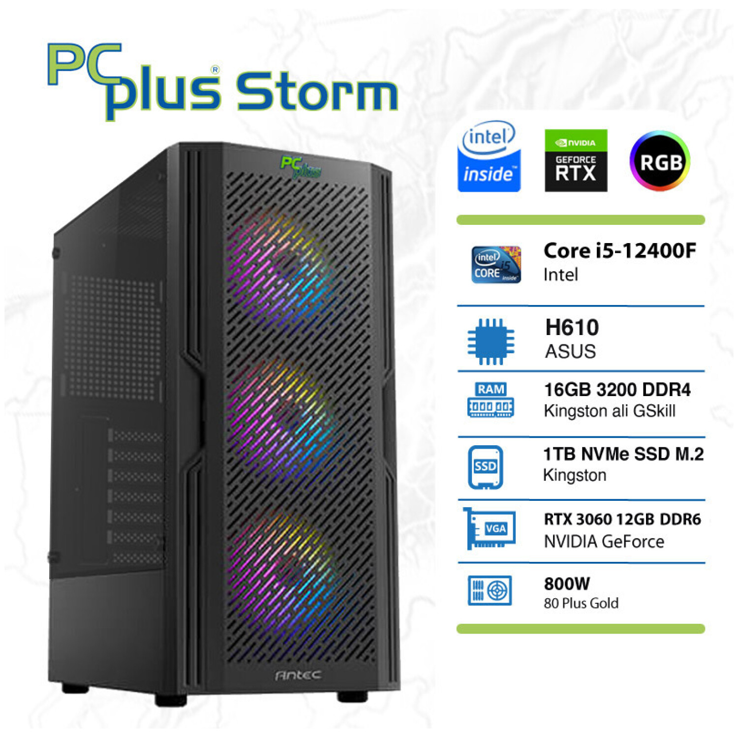 PCPLUS Storm i5-12400F 16GB 1TB NVMe SSD GeForce RTX 3060 OC 12GB RGB gaming namizni računalnik