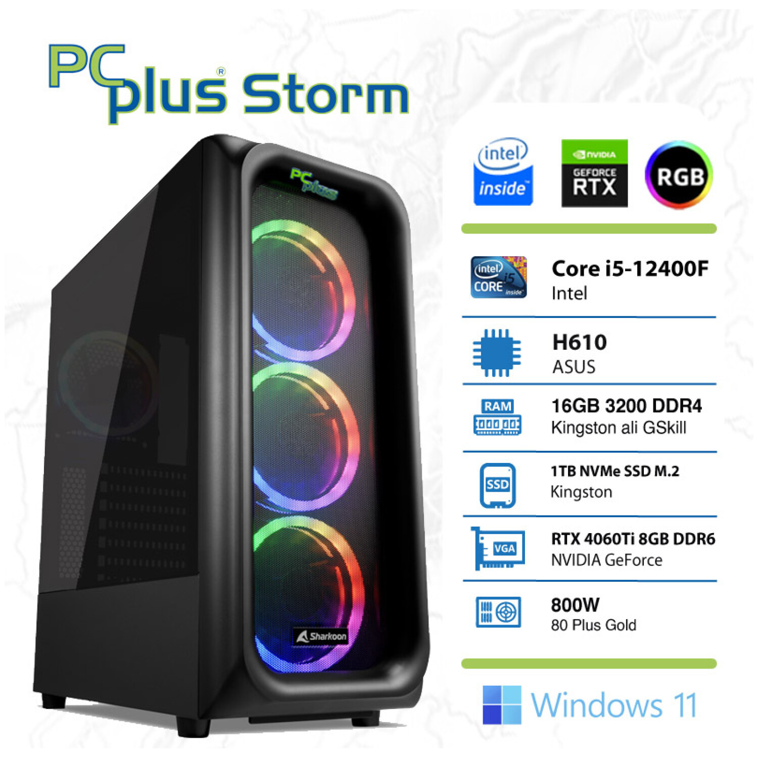 PCPLUS Storm i5-12400F 16GB 1TB NVMe SSD GeForce RTX 4060 Ti DDR6 8GB RGB Windows 11 Home gaming namizni računalnik