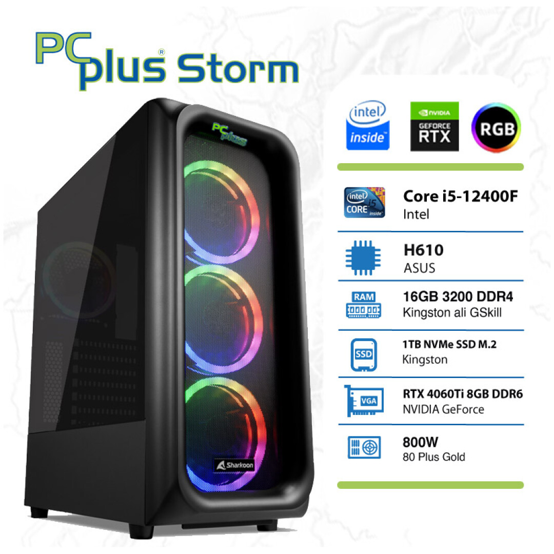 PCPLUS Storm i5-12400F 16GB 1TB NVMe SSD GeForce RTX 4060 Ti DDR6 8GB RGB gaming namizni računalnik