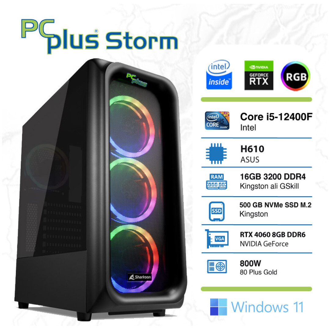 PCPLUS Storm i5-12400F 16GB 500GB NVMe SSD GeForce RTX 4060 DDR6 8GB Windows 11 Home RGB gaming namizni računalnik