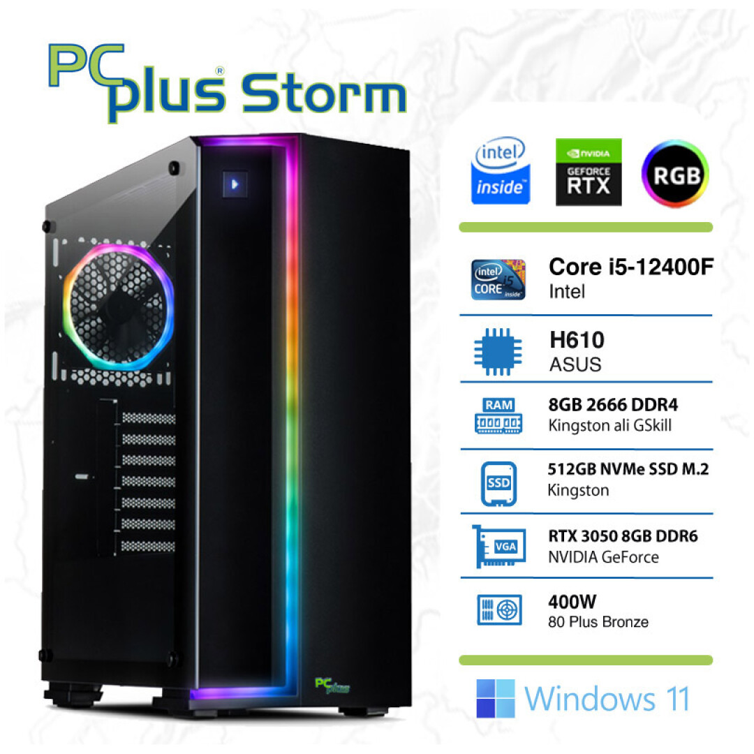 PCPLUS Storm i5-12400F 8GB 512GB NVMe SSD GeForce RTX 3050 8GB GDDR6 Windows 11 Home RGB gaming namizni računalnik