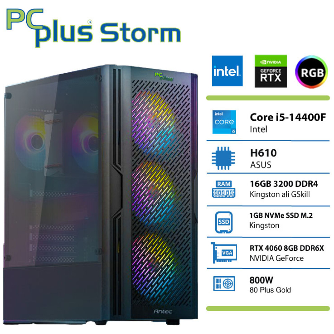 PCPLUS Storm i5-14400F 16GB 1TB NVMe SSD GeForce RTX 4060 8GB RGB gaming namizni računalnik