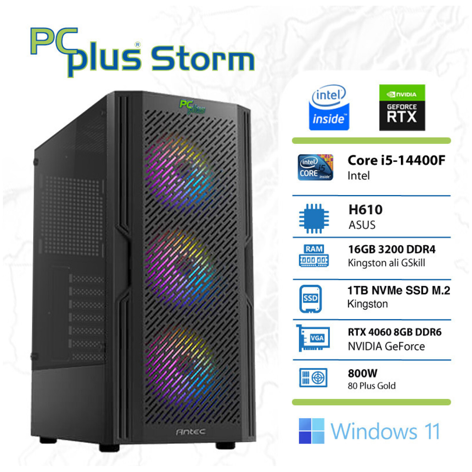 PCPLUS Storm i5-14400F 16GB 1TB NVMe SSD GeForce RTX 4060 8GB Windows 11 Home RGB gaming namizni računalnik