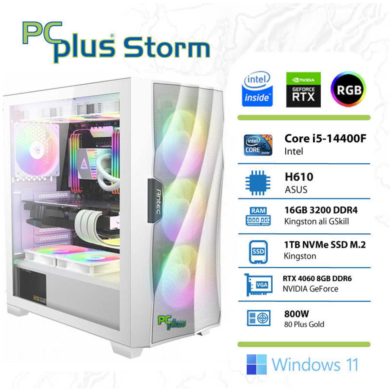 PCPLUS Storm i5-14400F 16GB 1TB NVMe SSD GeForce RTX 4060 8GB Windows 11 Home RGB gaming namizni računalnik