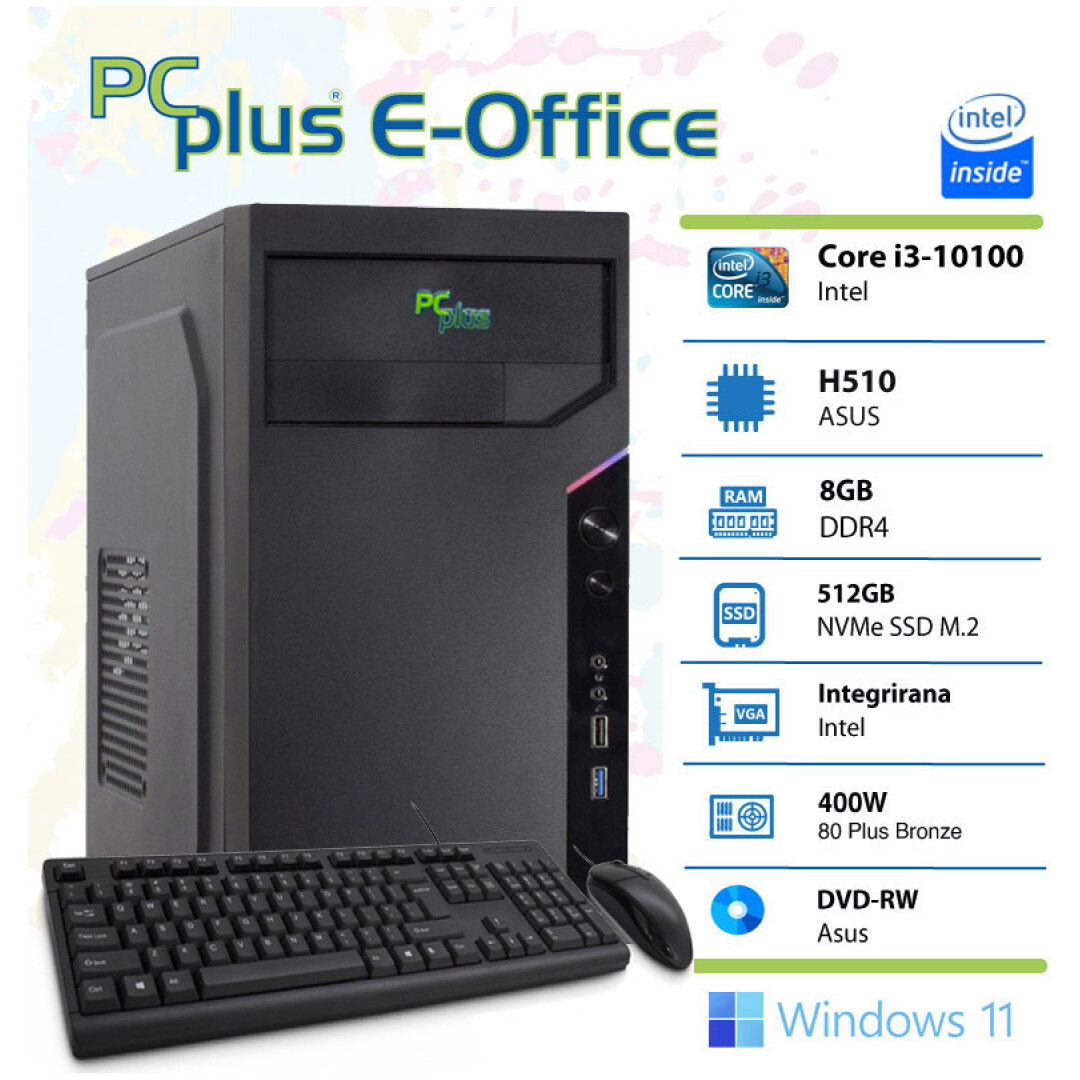 PCPLUS e-Office i3-10100 8GB 512GB NVMe SSD Windows 11 Pro Office Home & Bus tipkovnica miška namizni računalnik