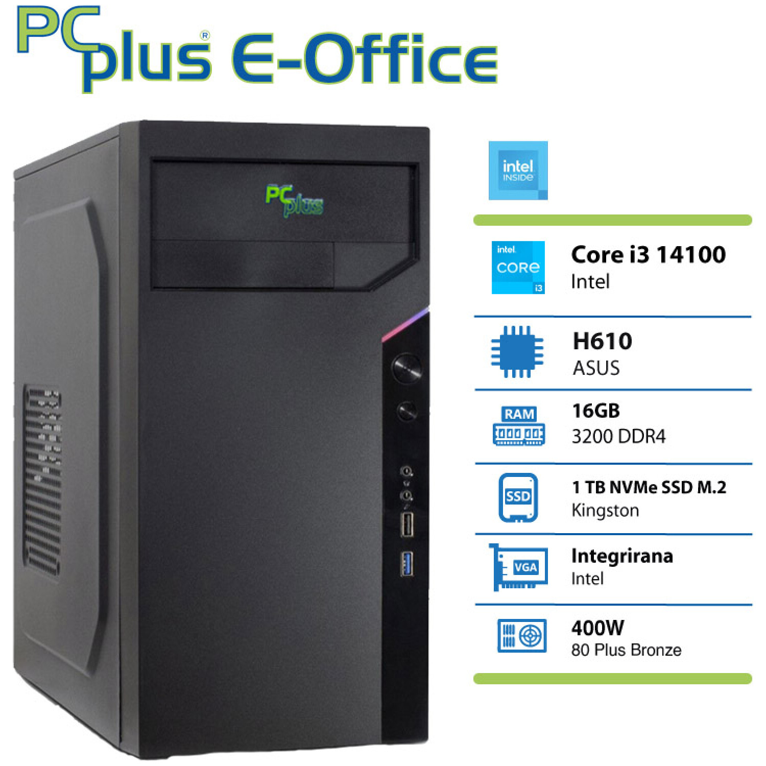 PCplus e-Office i3-14100 16GB 1TB NVMe SSD namizni računalnik