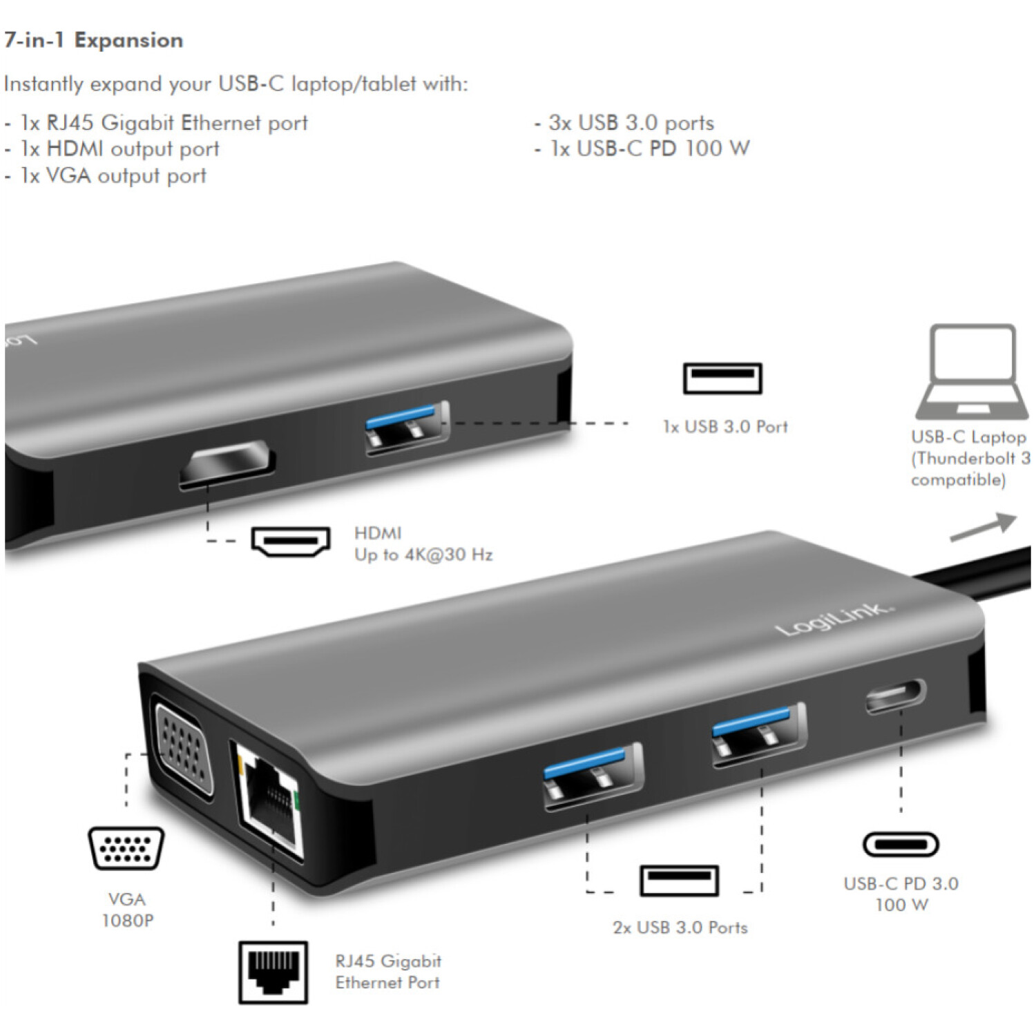 Priklopna postaja USB-C => 3xUSB 3.0 tip A 1xUSB-C PD 100W 1xHDMI 1xVGA 1xRJ45 srebrn LogiLink (UA0410)