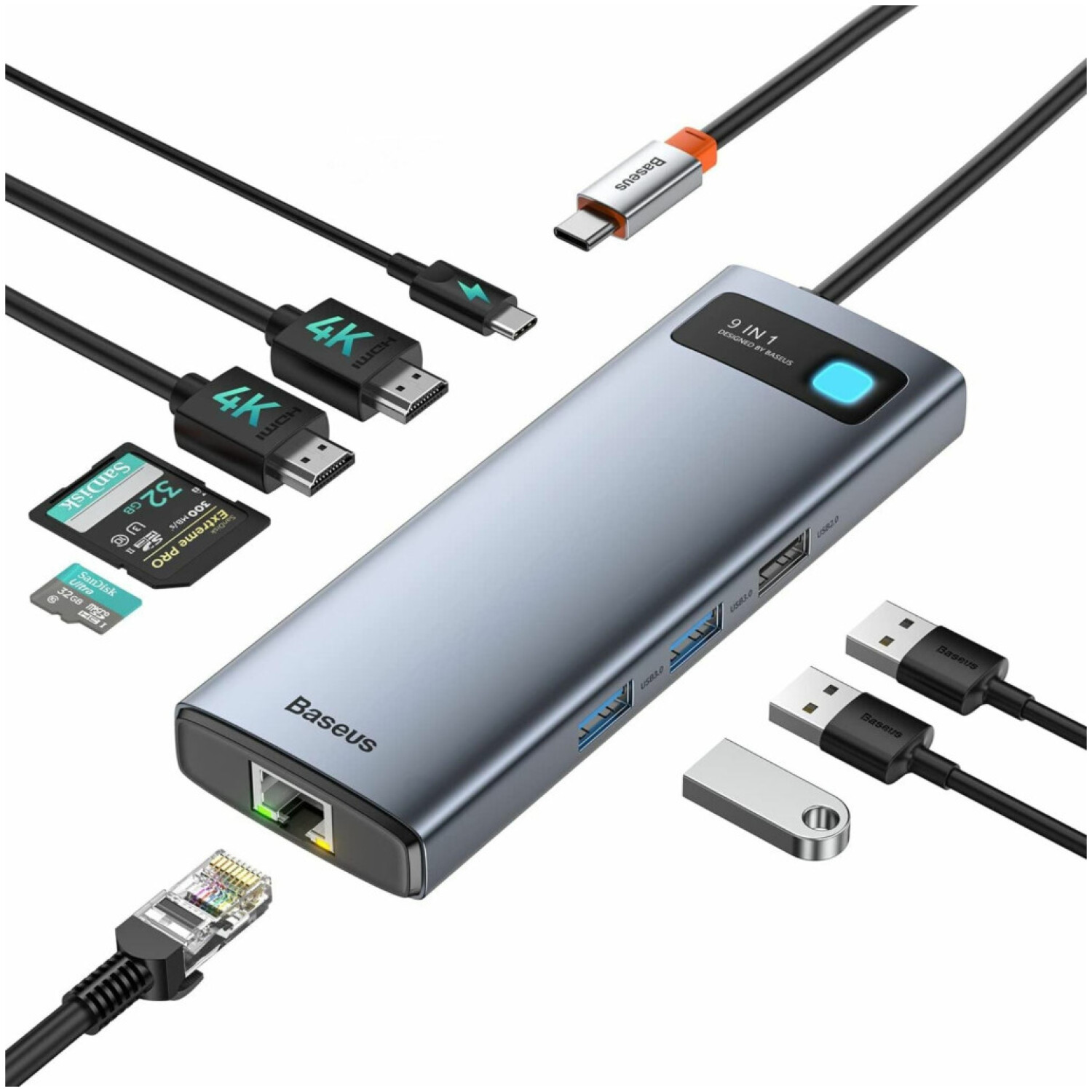 Priklopna postaja USB-C => BASEUS Metal Gleam Series 9v1 2x HDMI 2xUSB3.0 1xUSB2.0 USB-C 100W 1xRJ45 čitalec kartic SD/microSD/TF (WKWG060013)