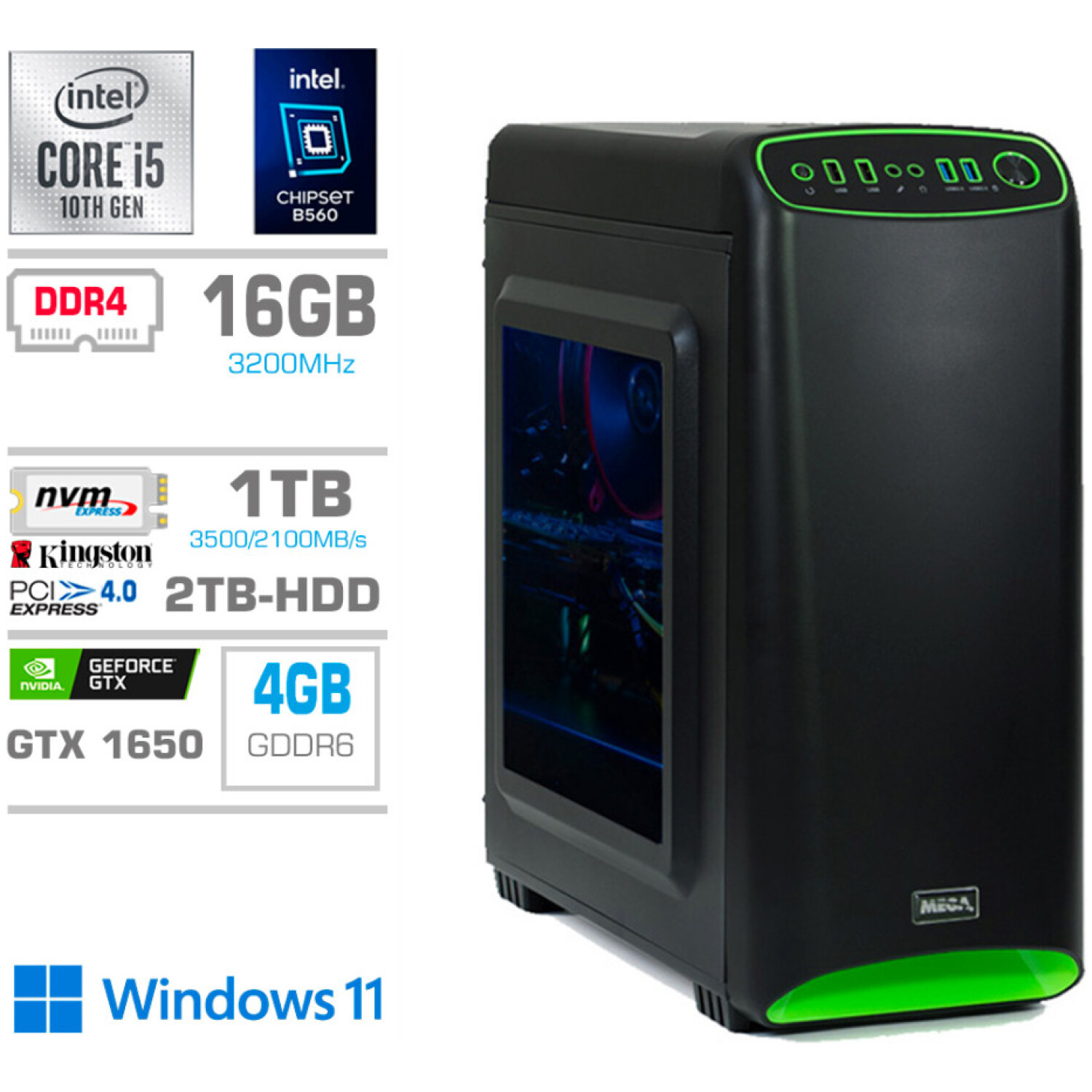 Računalnik MEGA MT 4000S i5-10400F/GTX1650/16GB/1TB-4.0/2TB/350W/Win11Home