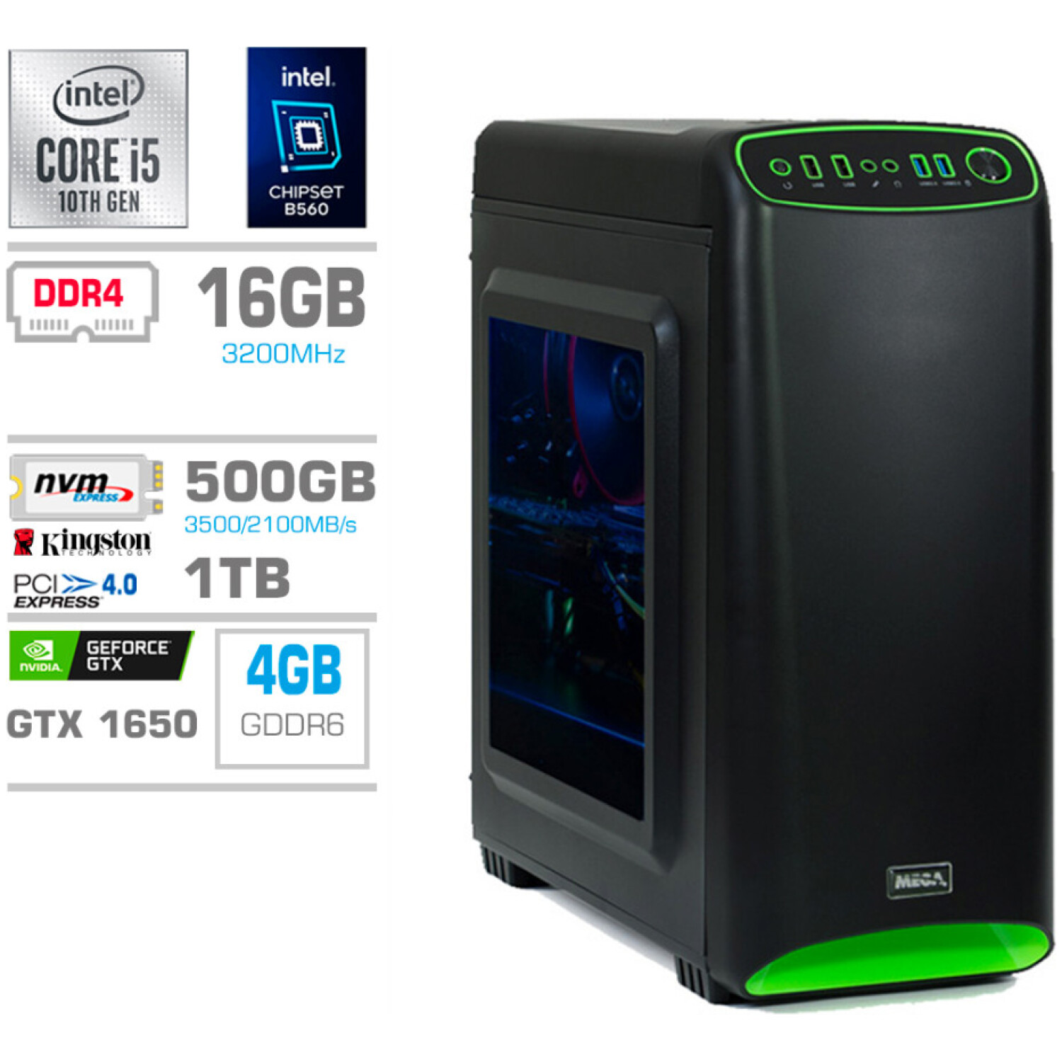 Računalnik MEGA MT 4000S i5-10400F/GTX1650/16GB/500GB-4.0/1TB/350W/Brez OS