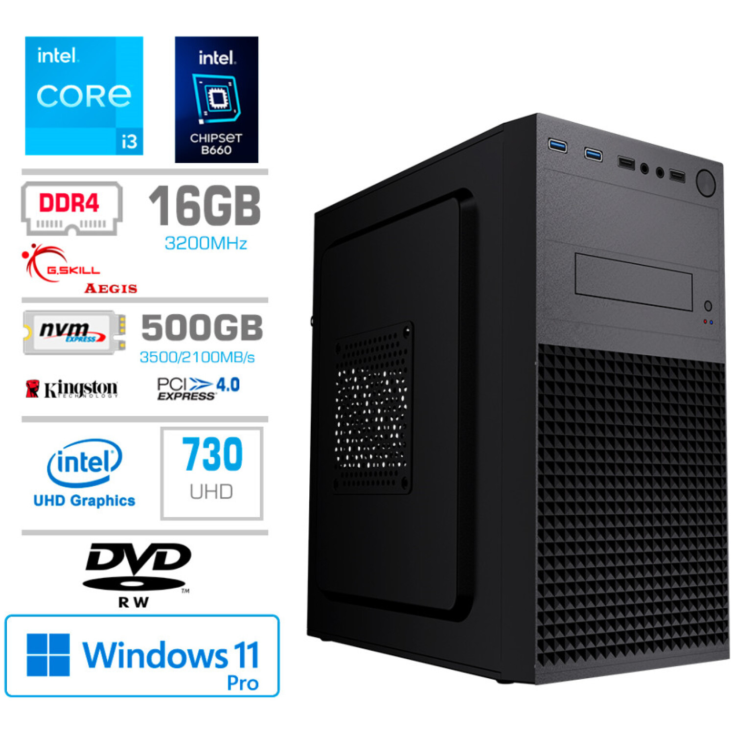 Računalnik MEGA MT S4 i3-13100/Intel 730/16GB/500GB-4.0/DVDRW/450W/Win11Pro