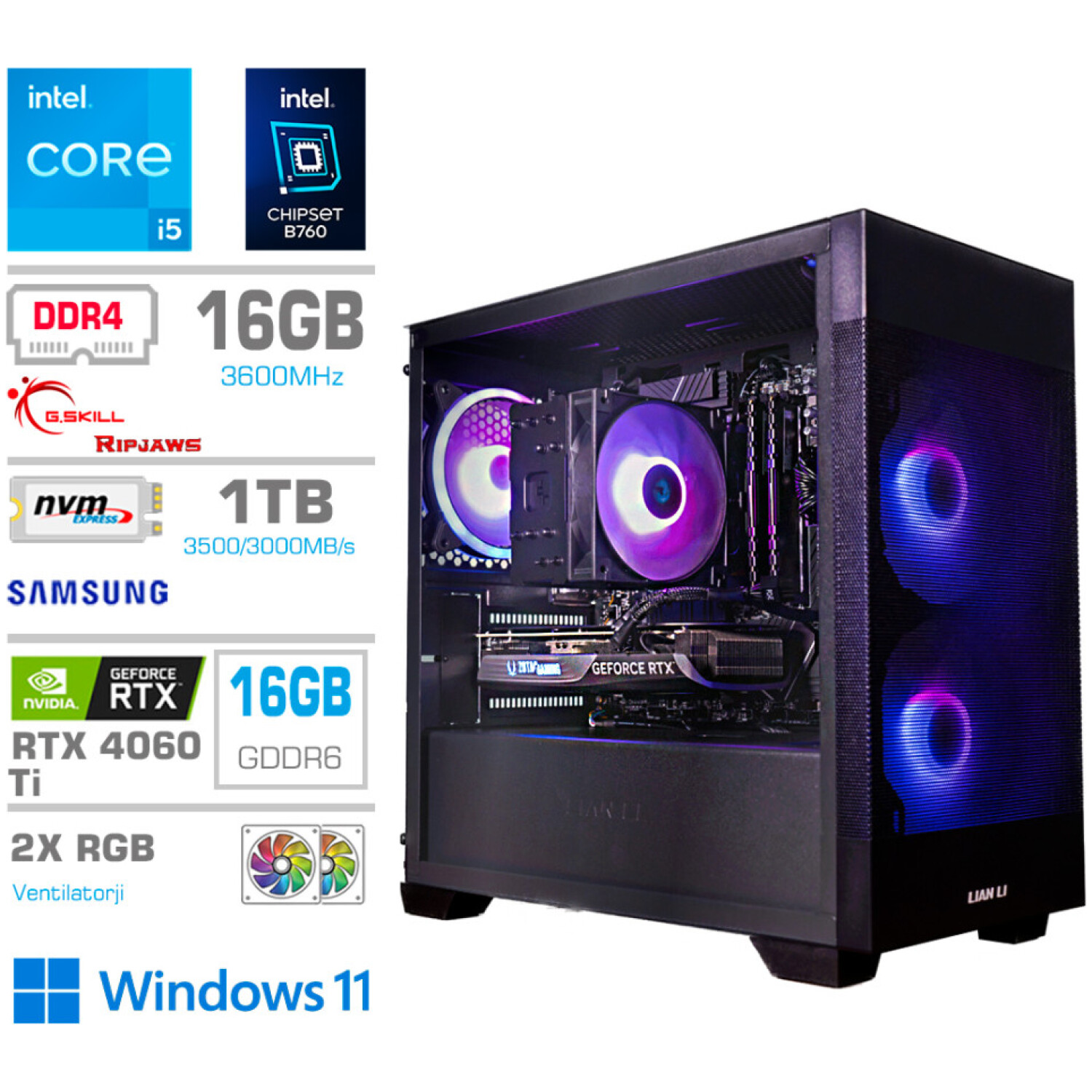 Računalnik MEGA MT S7X GAMER i5-13400F/RTX4060Ti-16GB/16GB/1TB/750W/Win11Home/črna