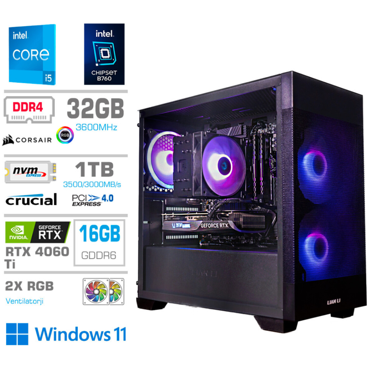 Računalnik MEGA MT S7X GAMER i5-14600K/RTX4060Ti-16GB/32GB/1TB/750W/Win11Home/črna RGB