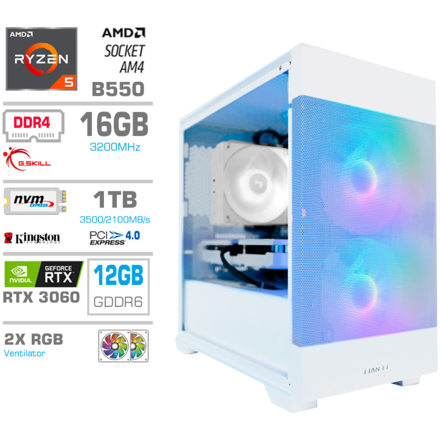 Računalnik MEGA MT S7X R5-5600G/RTX3060/16GB/1TB-4.0/750W/Brez OS/bela RGB