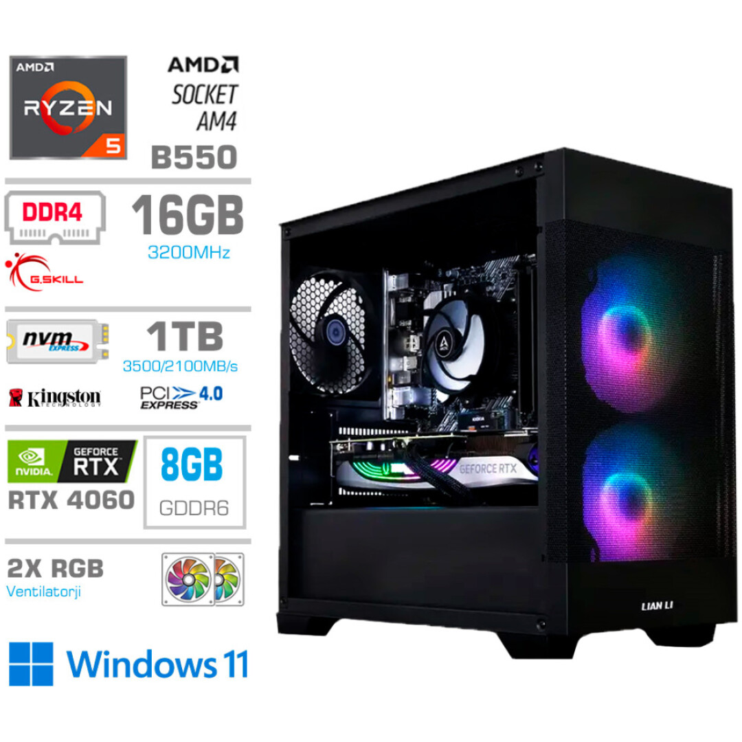 Računalnik MEGA MT S7X R5-5600G/RTX4060/16GB/1TB-4.0/750W/Win11Home/črna RGB