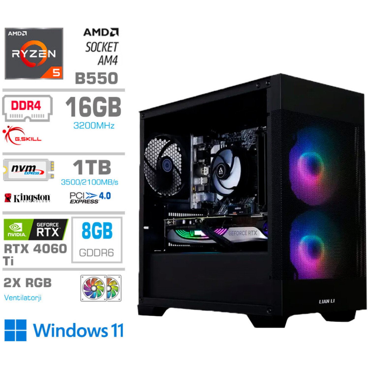 Računalnik MEGA MT S7X R5-5600X/RTX4060Ti-8GB/16GB/1TB-4.0/750W/Win11Home/črna RGB