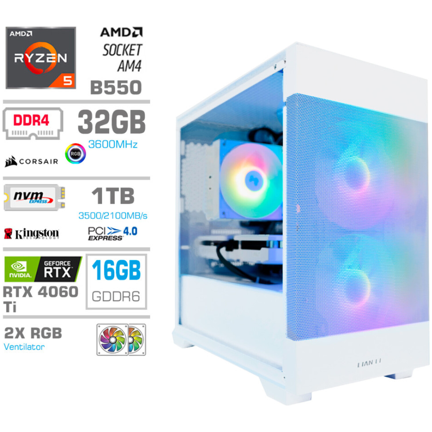 Računalnik MEGA MT S7X R5-5600X/RTX4060Ti/32GB/1TB-4.0/750W/Brez OS/bela RGB