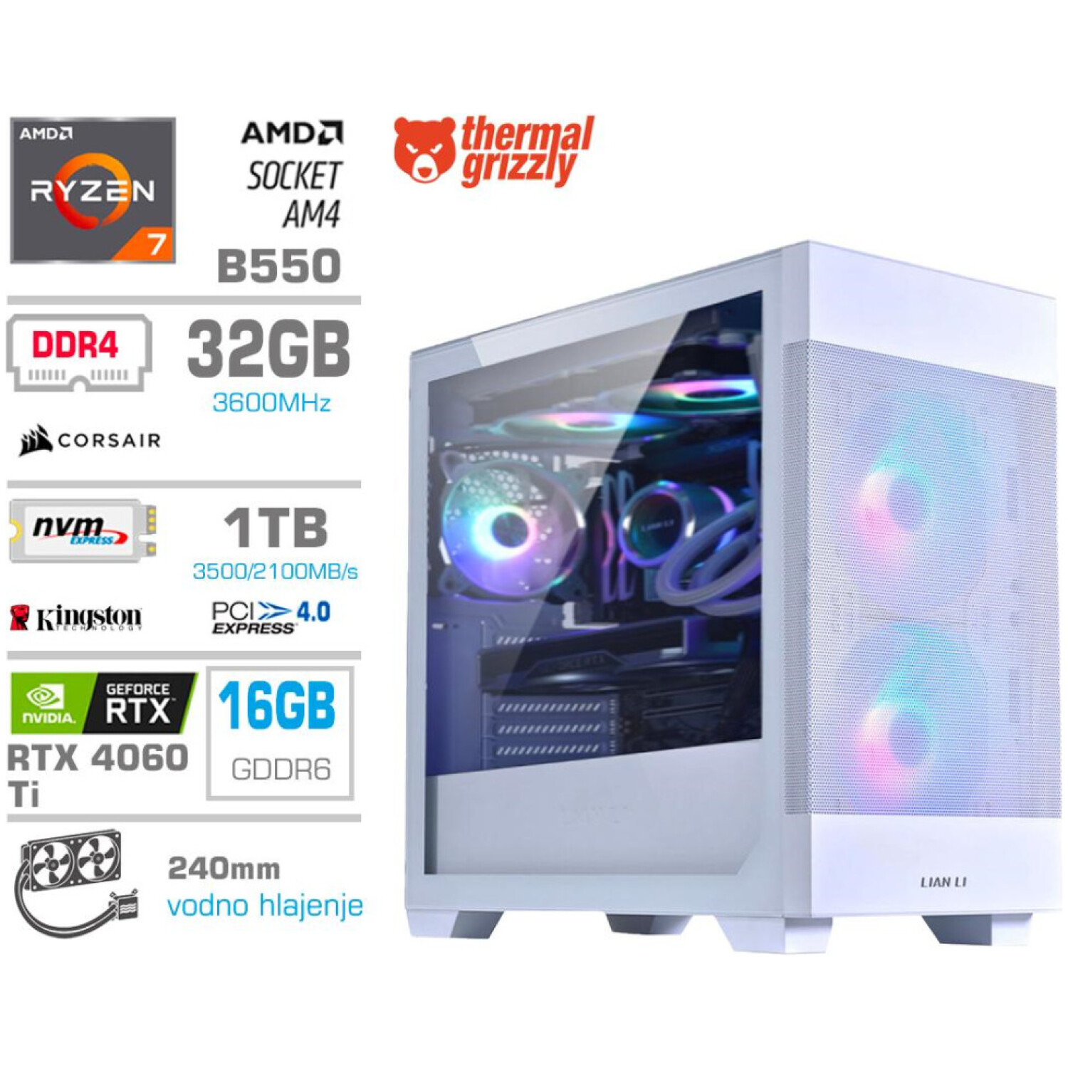 Računalnik MEGA MT S7X R7-5700X/RTX4060Ti/32GB/1TB-4.0/750W/Brez OS/bela RGB