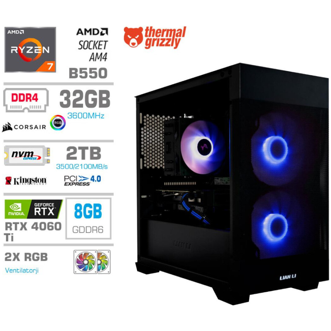 Računalnik MEGA MT S7X R7-5700X/RTX4060Ti/32GB/1TB-4.0/750W/Brez OS/črna RGB + Estetski napajalni kabli [Modra / Črna]