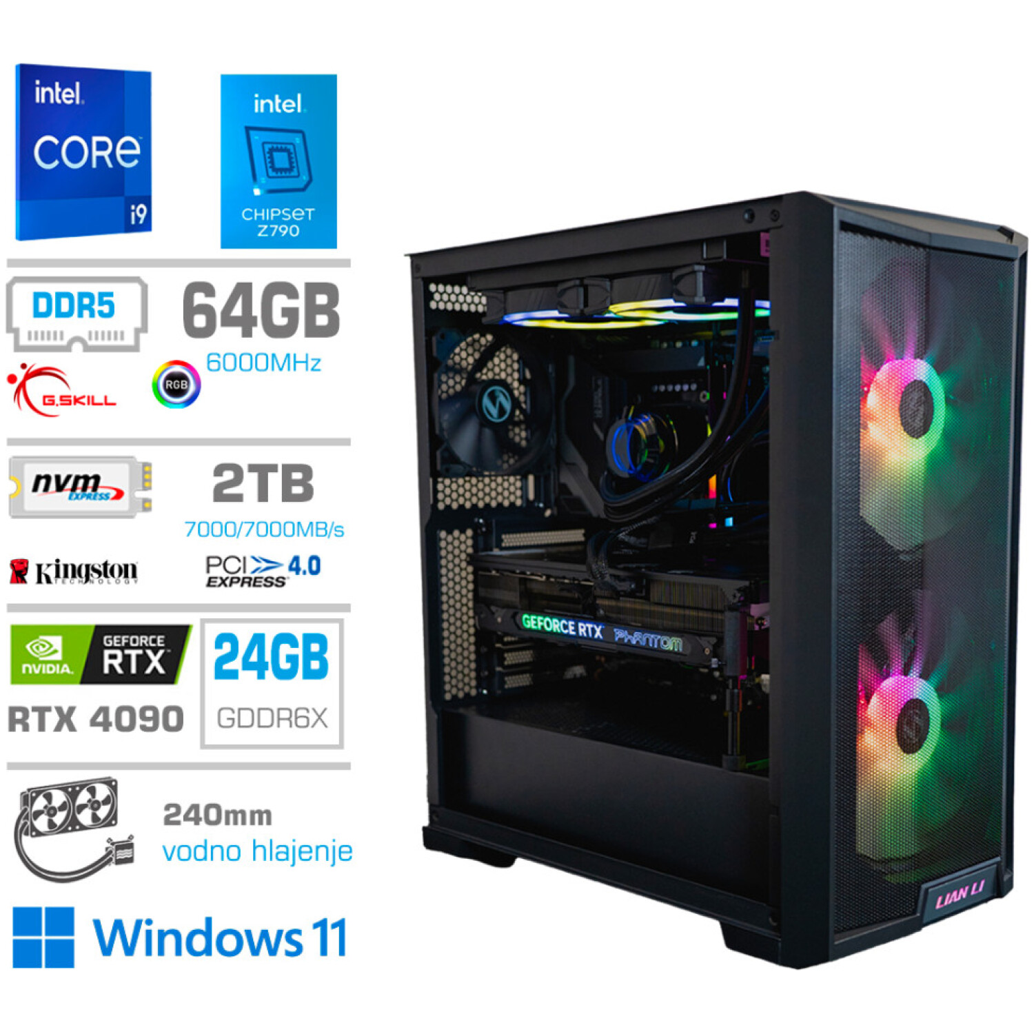 Računalnik MEGA TWR S10 Intel Core i9-14900KF/RTX4090/64GB-DDR5/2TB-4.0/1000W/Win11Home/črna RGB